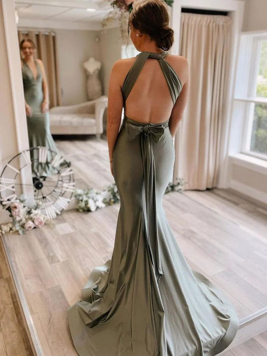 Sage Green Mermaid Halter Neck Bowed Floor-Length Prom Dress