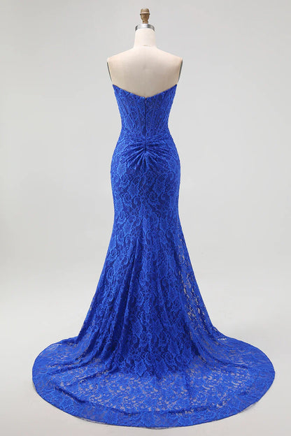 Sophisticated Graceful Stylish Elegant Royal Blue Lace Mermaid Sweetheart Sleeveless Prom Dress