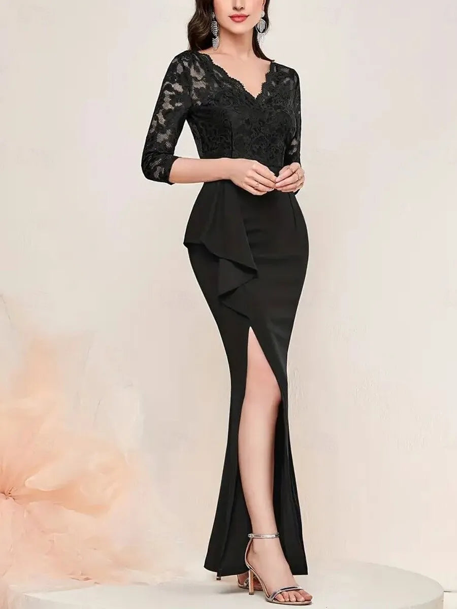 Black Mermaid V-Neck 3/4 Sleeve Long Evening Dress