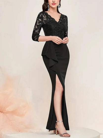 Elegant Black Ruffled Mermaid V-Neck Three-Quarter-Sleeve Classic-Back Floor-Length Evening Dress