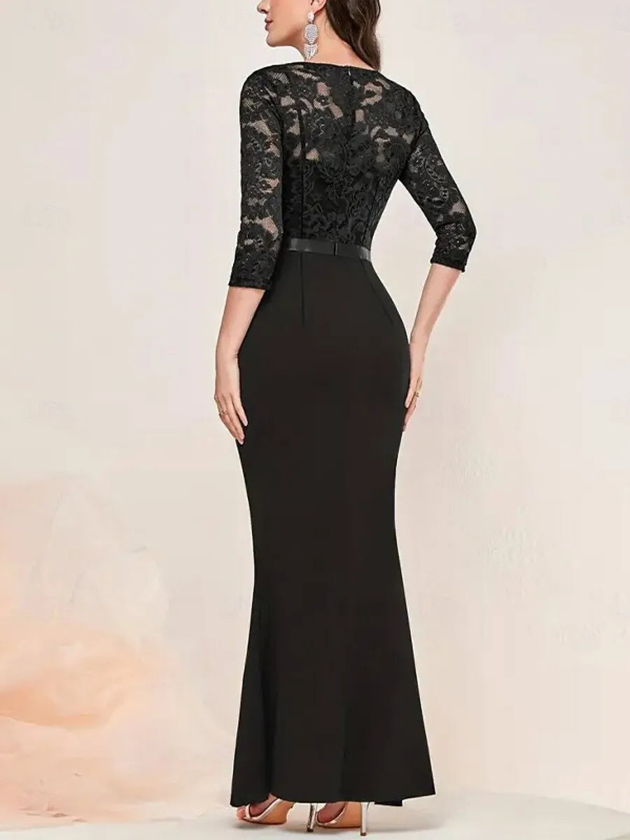 Black Mermaid V-Neck 3/4 Sleeve Long Evening Dress