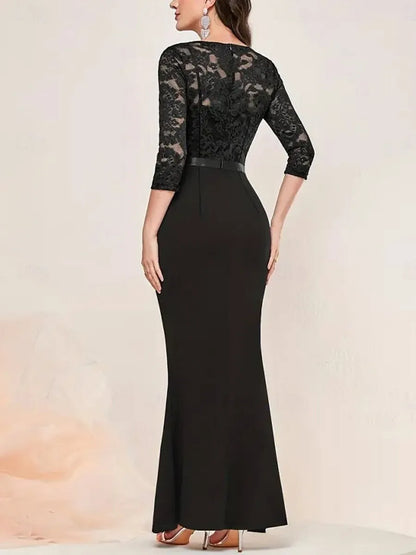 Elegant Black Ruffled Mermaid V-Neck Three-Quarter-Sleeve Classic-Back Floor-Length Evening Dress