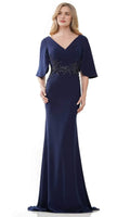 Navy Blue Mermaid Evening Dress V - Neckline Half Sleeves and Embellishment for Memorable Events