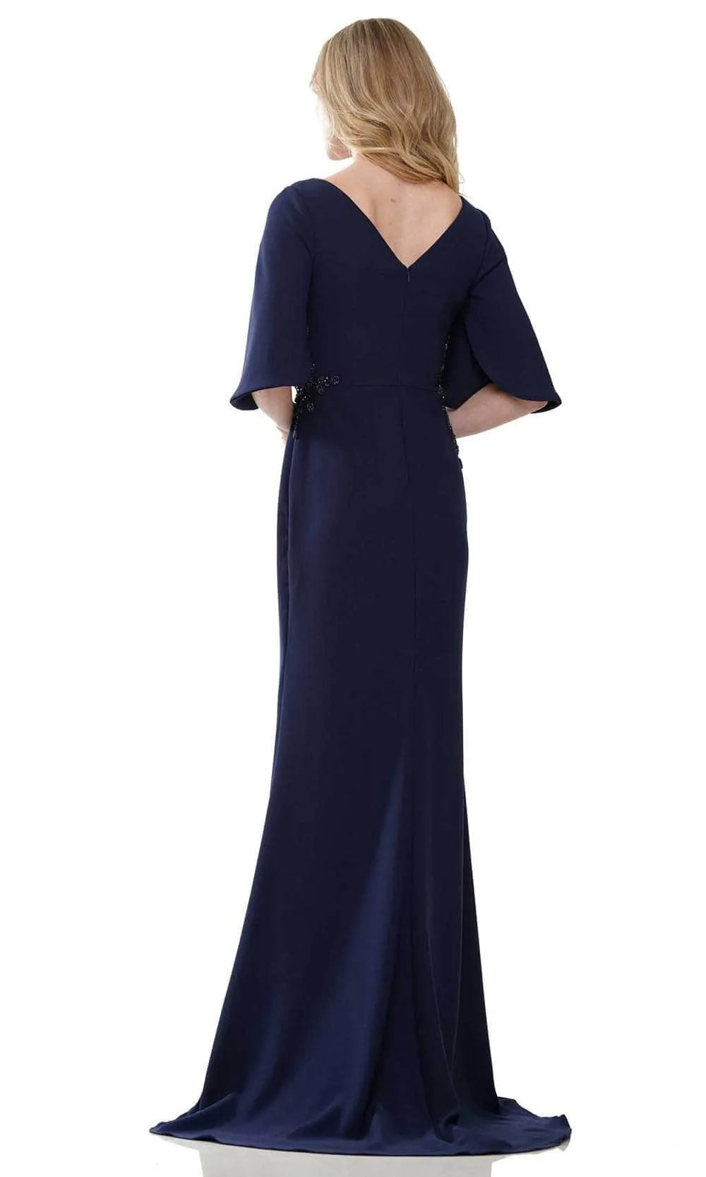 Navy Blue Mermaid Evening Dress V - Neckline Half Sleeves and Embellishment for Memorable Events