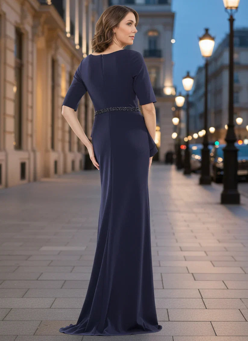 Navy Blue Mermaid Square Neck 3/4-Sleeve Back Zip Floor-Length Mother Of The Bride Dresses