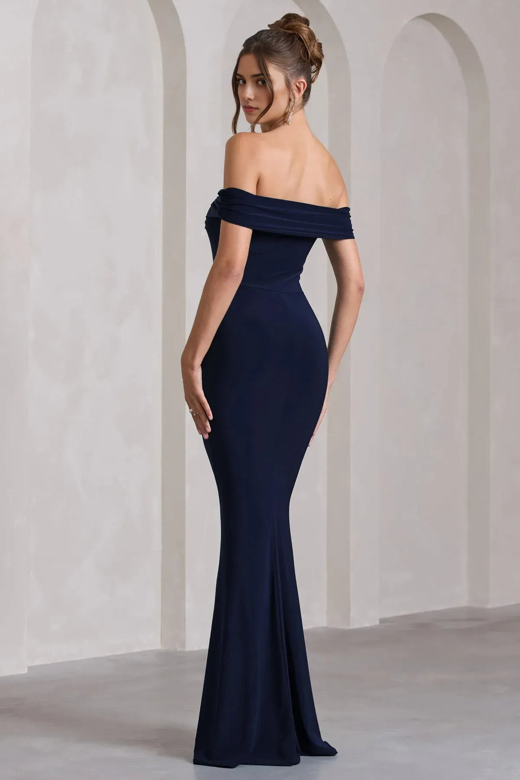 Navy Blue Off - Shoulder Prom Dress Mermaid Silhouette High Side Slit and Timeless Glamour