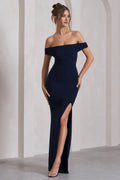 Navy Blue Off - Shoulder Prom Dress Mermaid Silhouette High Side Slit and Timeless Glamour