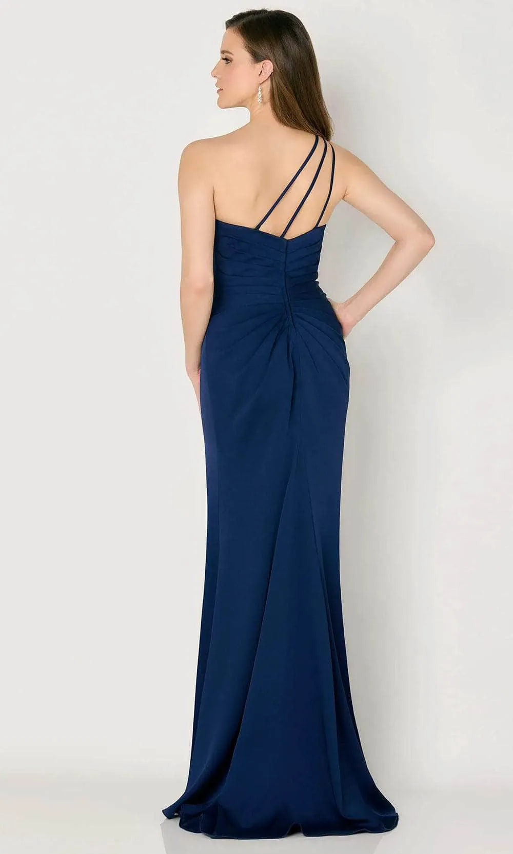 Navy Blue One - Shoulder Evening Dress Ruffled Flower Accent Ruched Bodice and High - Slit Mermaid Skirt for Memorable Events