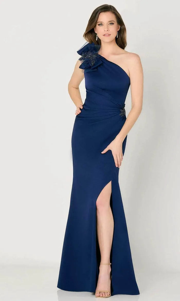 Navy Blue One - Shoulder Evening Dress Ruffled Flower Accent Ruched Bodice and High - Slit Mermaid Skirt for Memorable Events