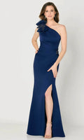 Navy Blue One - Shoulder Evening Dress Ruffled Flower Accent Ruched Bodice and High - Slit Mermaid Skirt for Memorable Events