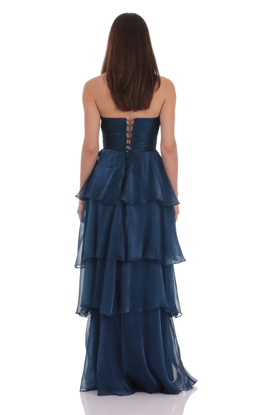 Navy Blue Strapless Prom Dress with Tiered Skirt Ruched Bodice Designed for Elegant Celebrations