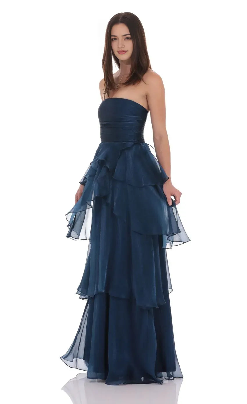Navy Blue Strapless Prom Dress with Tiered Skirt Ruched Bodice Designed for Elegant Celebrations