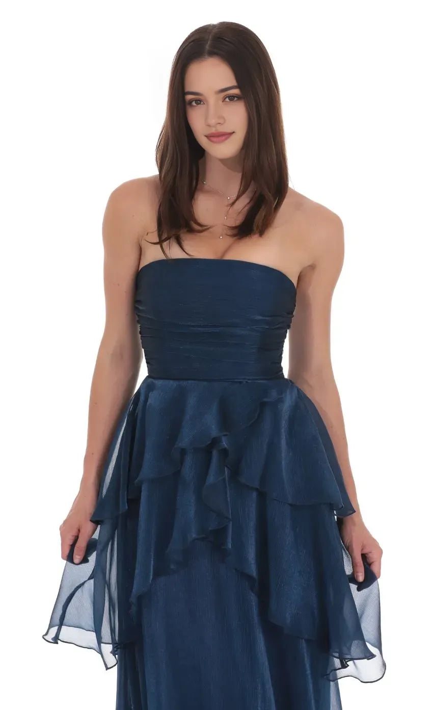 Navy Blue Strapless Prom Dress with Tiered Skirt Ruched Bodice Designed for Elegant Celebrations