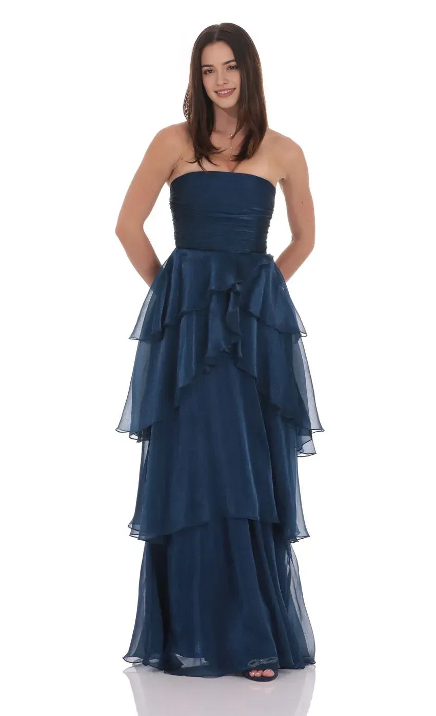 Navy Blue Strapless Prom Dress with Tiered Skirt Ruched Bodice Designed for Elegant Celebrations