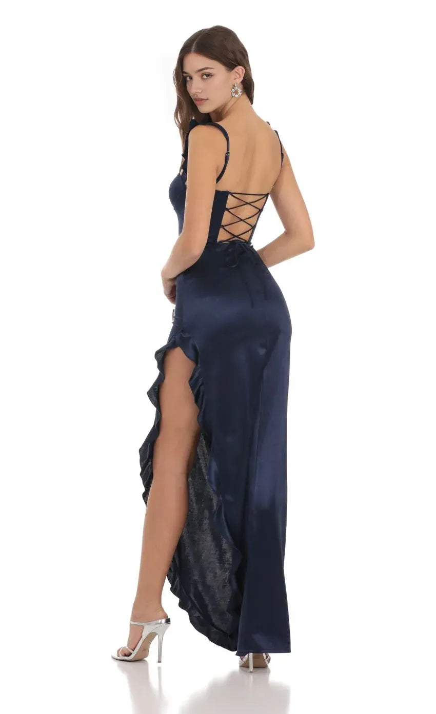 Navy Prom Dress with Ruffled Straps Sweetheart Neckline and Asymmetric Ruffle Slit Designed for Elegant Prom Celebrations