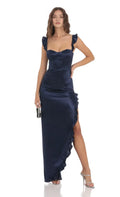 Navy Prom Dress with Ruffled Straps Sweetheart Neckline and Asymmetric Ruffle Slit Designed for Elegant Prom Celebrations