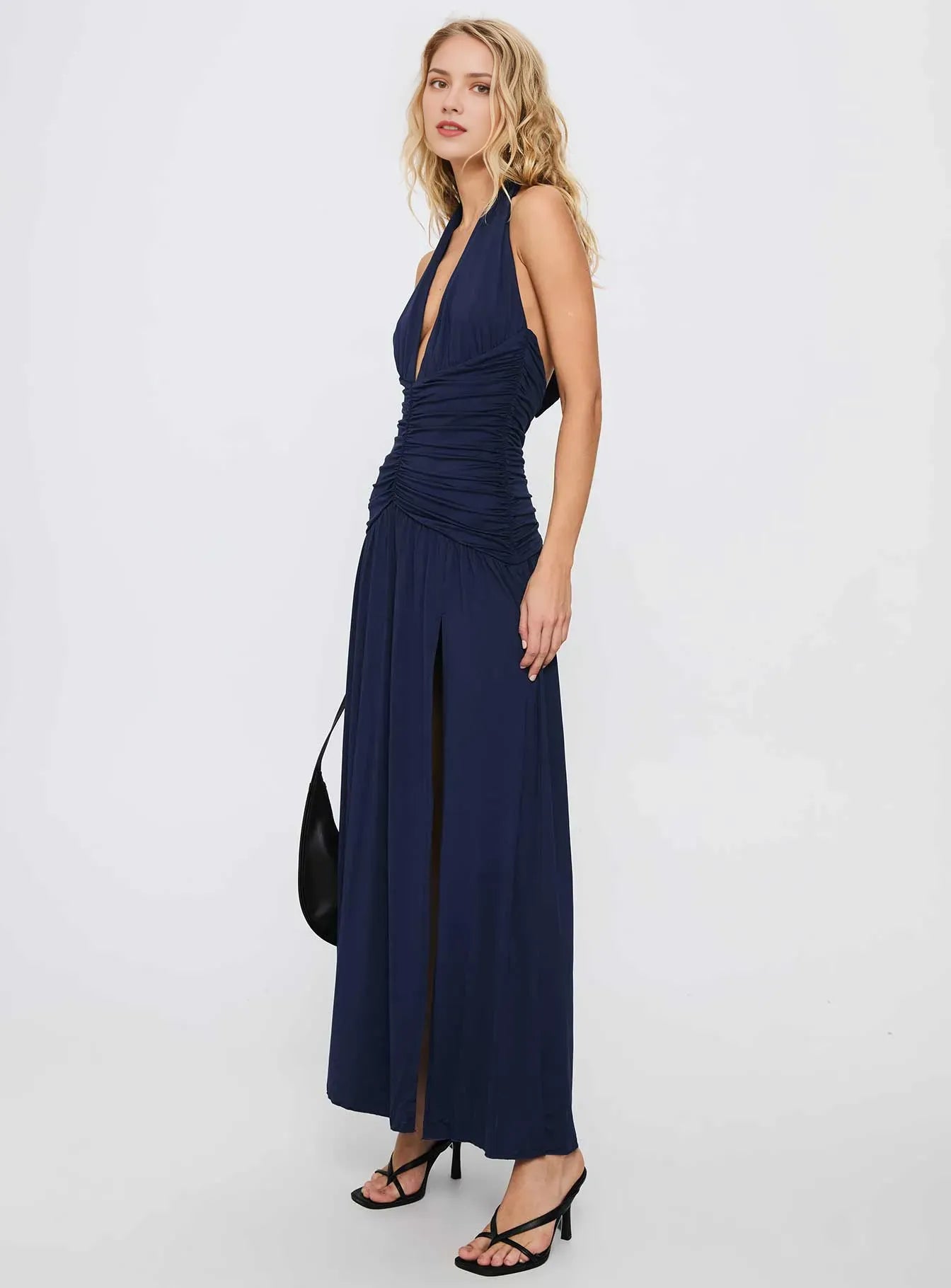Navy Sheath V-Neck Sleeveless Halter-Tie Ruched-Bodice Floor-Length Prom Dress with Slit