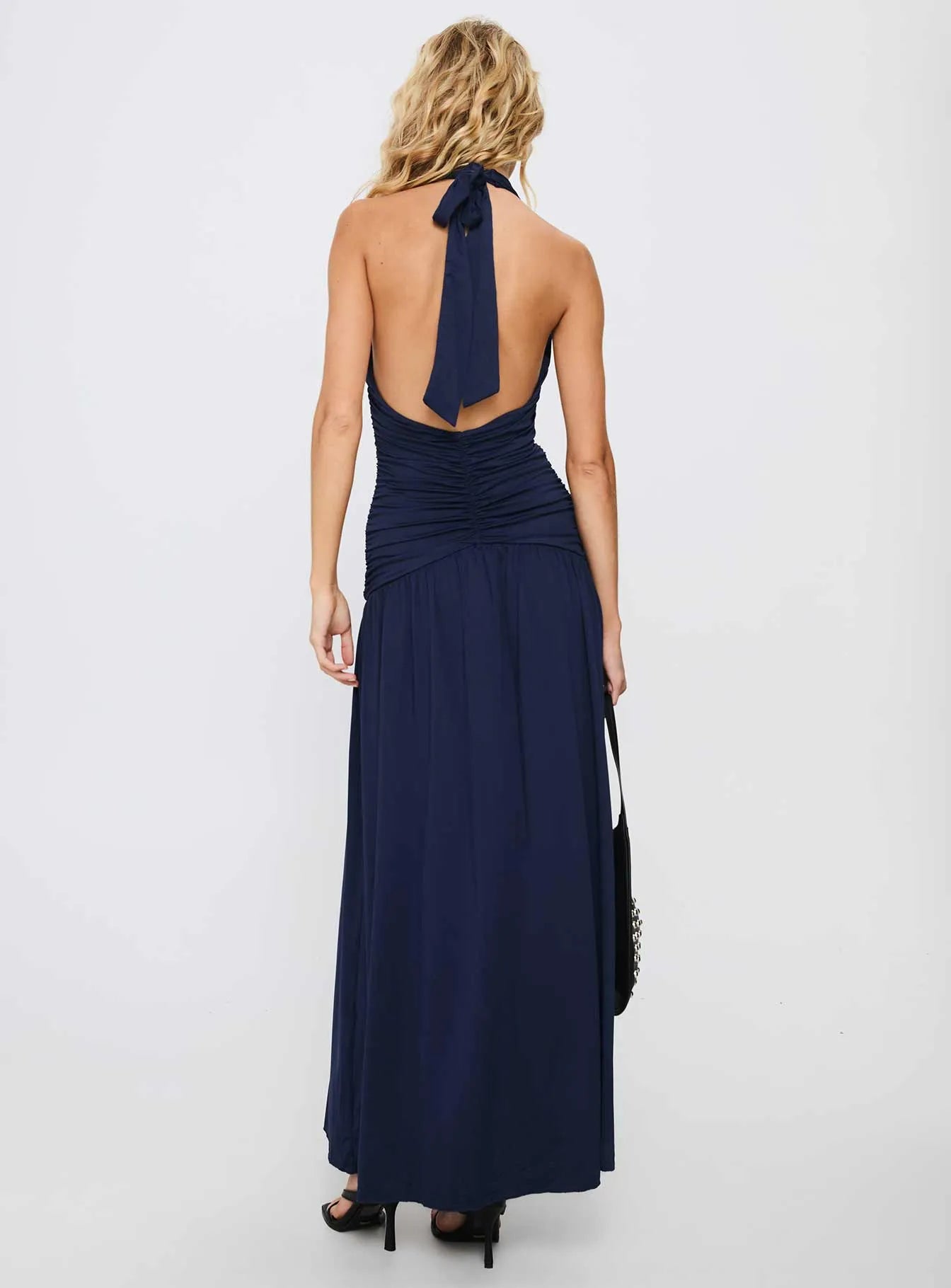 Navy Sheath V-Neck Sleeveless Halter-Tie Ruched-Bodice Floor-Length Prom Dress with Slit