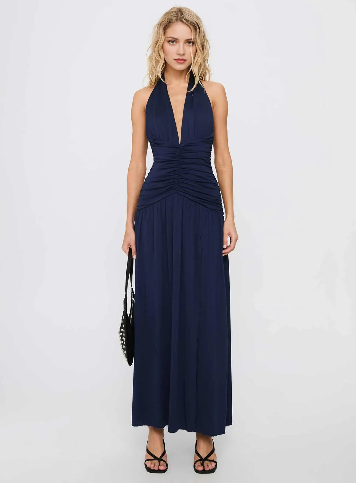 Navy Sheath V-Neck Sleeveless Halter-Tie Ruched-Bodice Floor-Length Prom Dress with Slit