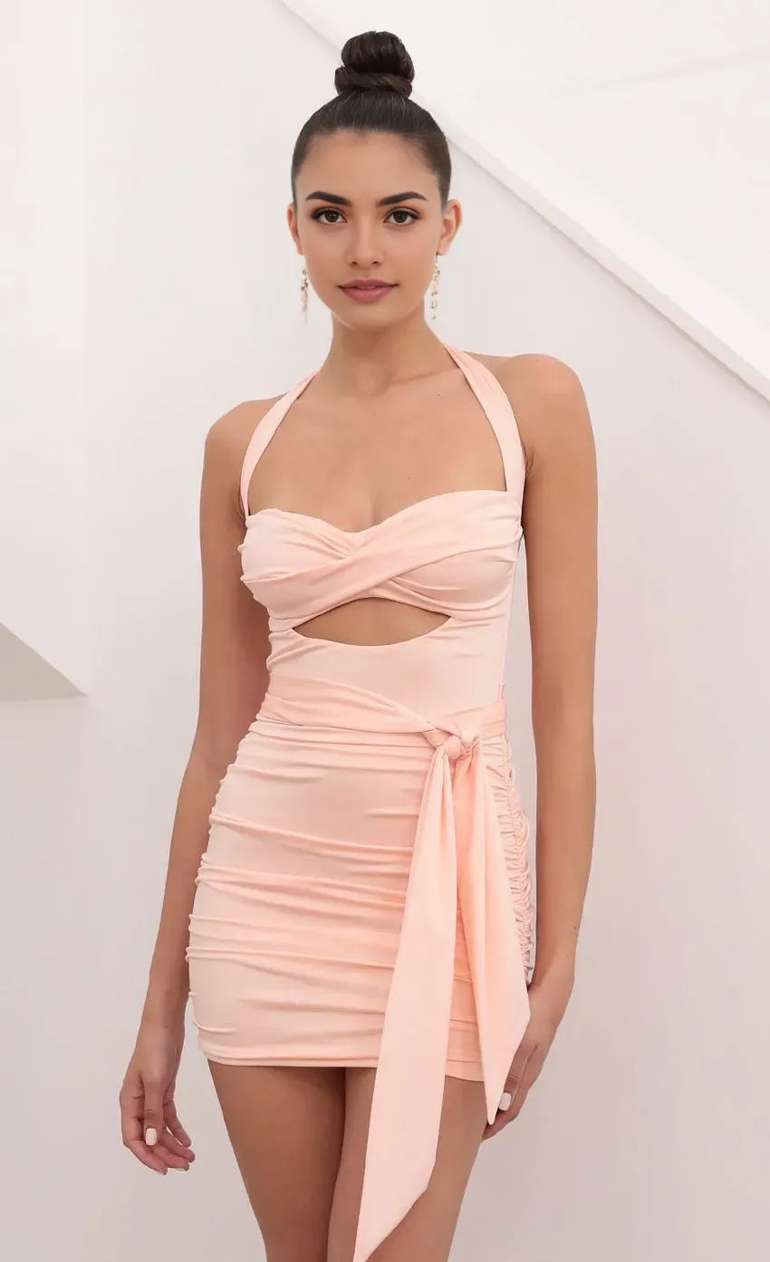 Peach Halter Neck Homecoming Dress Twist Front Cut - Out Ruched Fit and Side Tie to Shine at School Galas