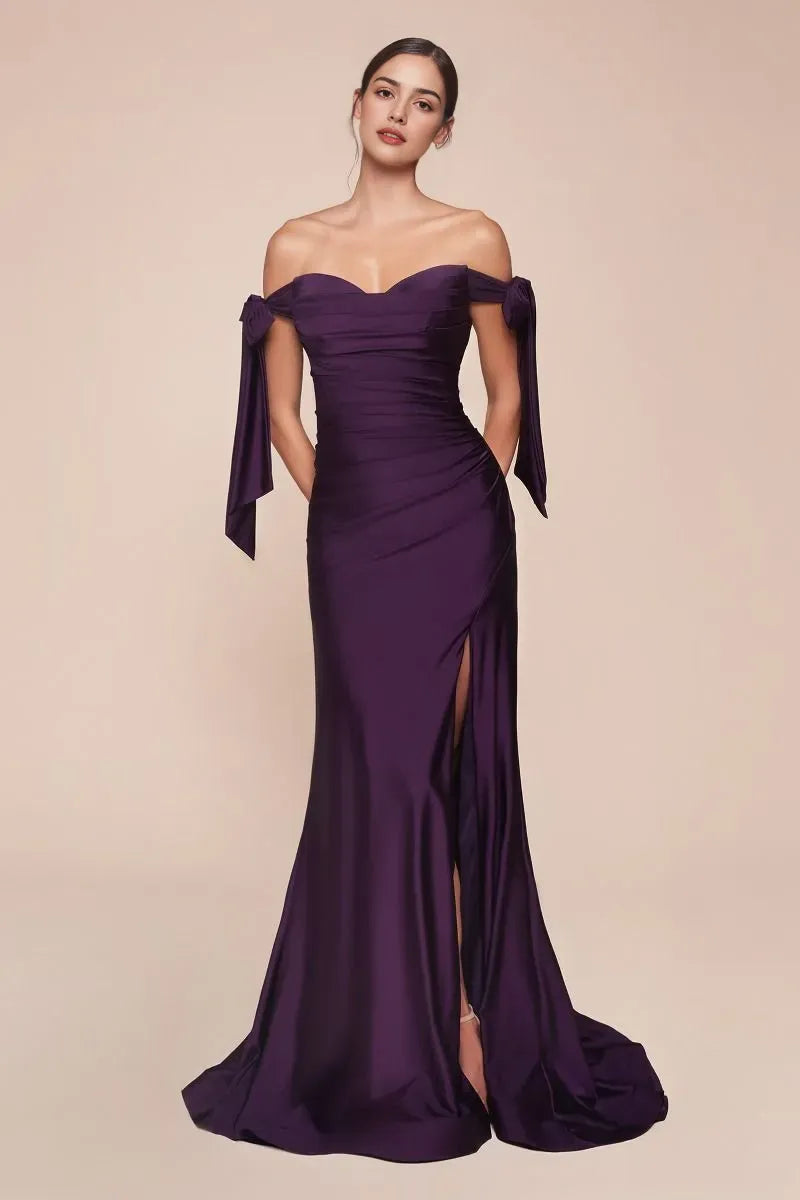 Plum Off - Shoulder Evening Dress Bow Detailed Sleeves Ruched Bodice and High Thigh Slit for Memorable Events