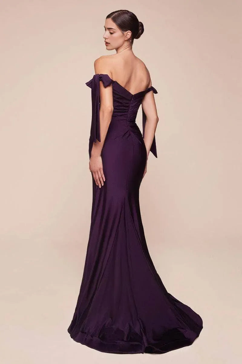 Plum Off - Shoulder Evening Dress Bow Detailed Sleeves Ruched Bodice and High Thigh Slit for Memorable Events