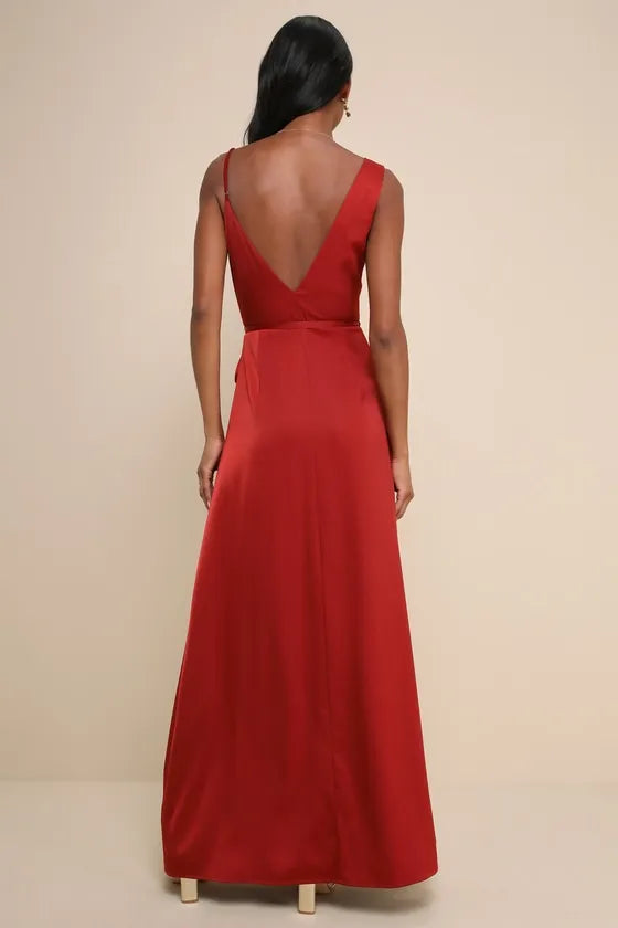 Red Plunging V Neck Prom Dress in Ruby with Wrap Around Tie Waist and High - Slit Design for Formal Events