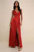 Red Plunging V Neck Prom Dress in Ruby with Wrap Around Tie Waist and High - Slit Design for Formal Events