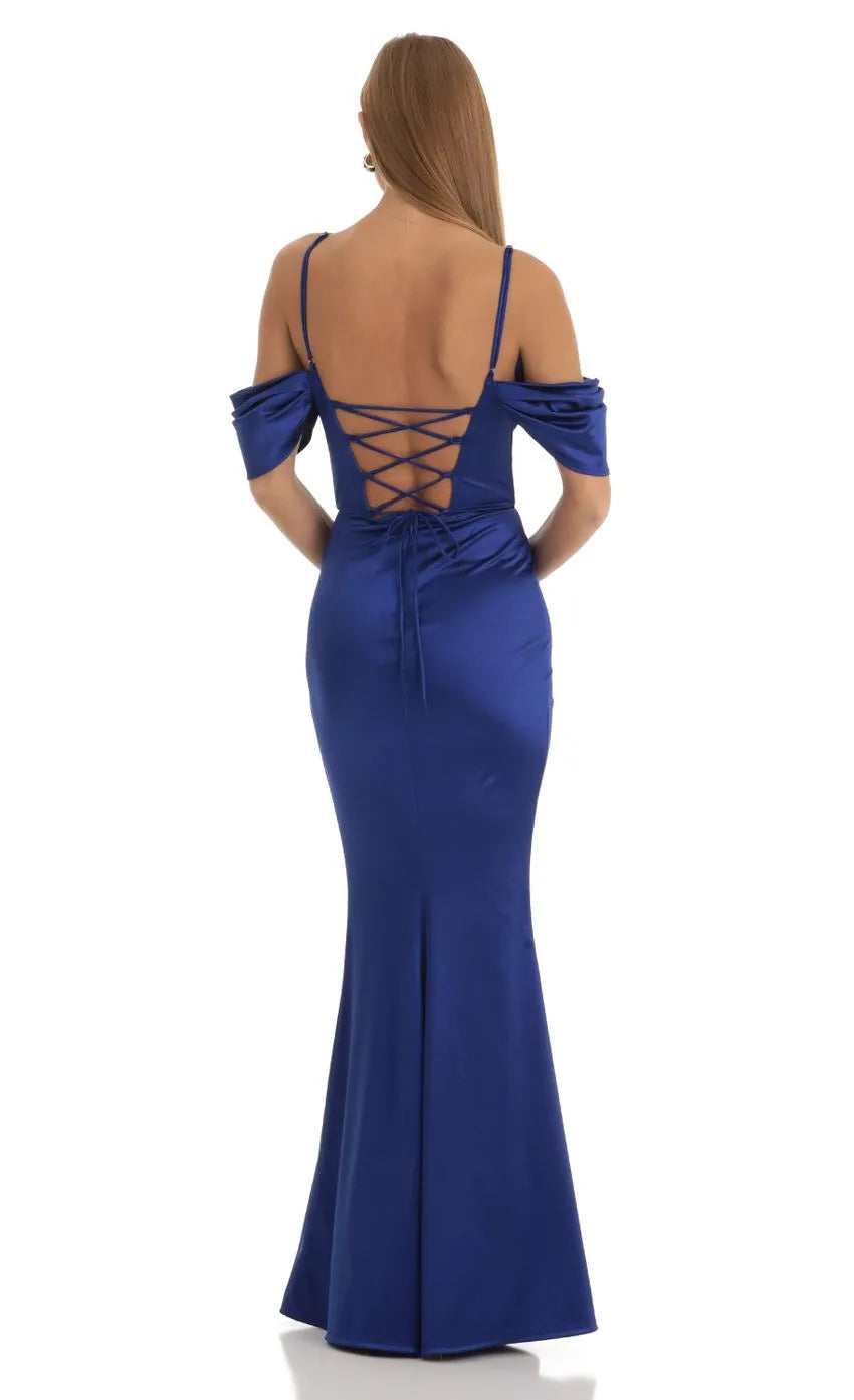 Blue Royal Prom Dress Off Shoulder Cowl Neck Draped Bodice and High Thigh Slit for Memorable Events