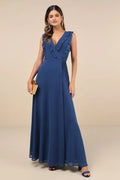 Navy Blue Ruffled Neck Prom Dress in with Self Tie Waist and Flowy Skirt for Formal Events