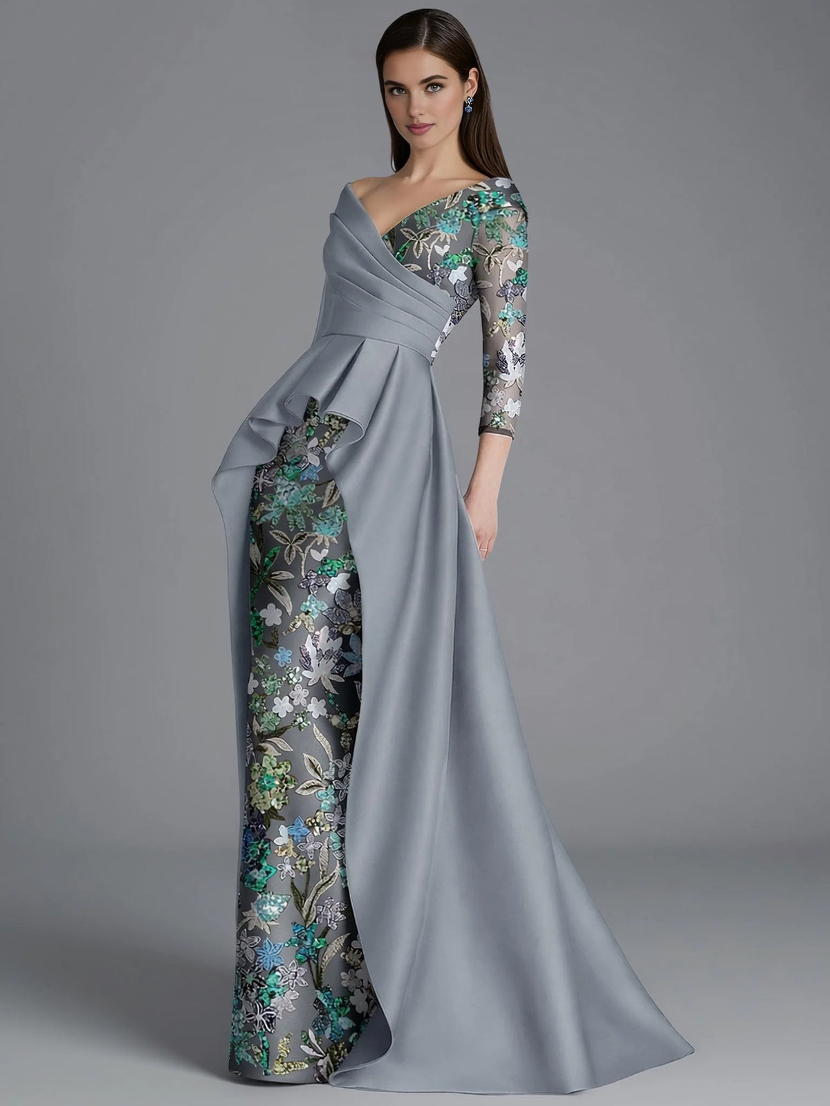Elegant Dusty Blue Satin Sheath Long Sleeve Floor-Length Mother of the Bride Dress