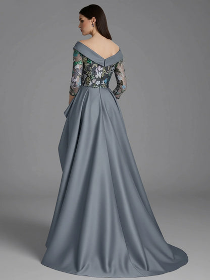 Elegant Dusty Blue Satin Sheath Long Sleeve Floor-Length Mother of the Bride Dress