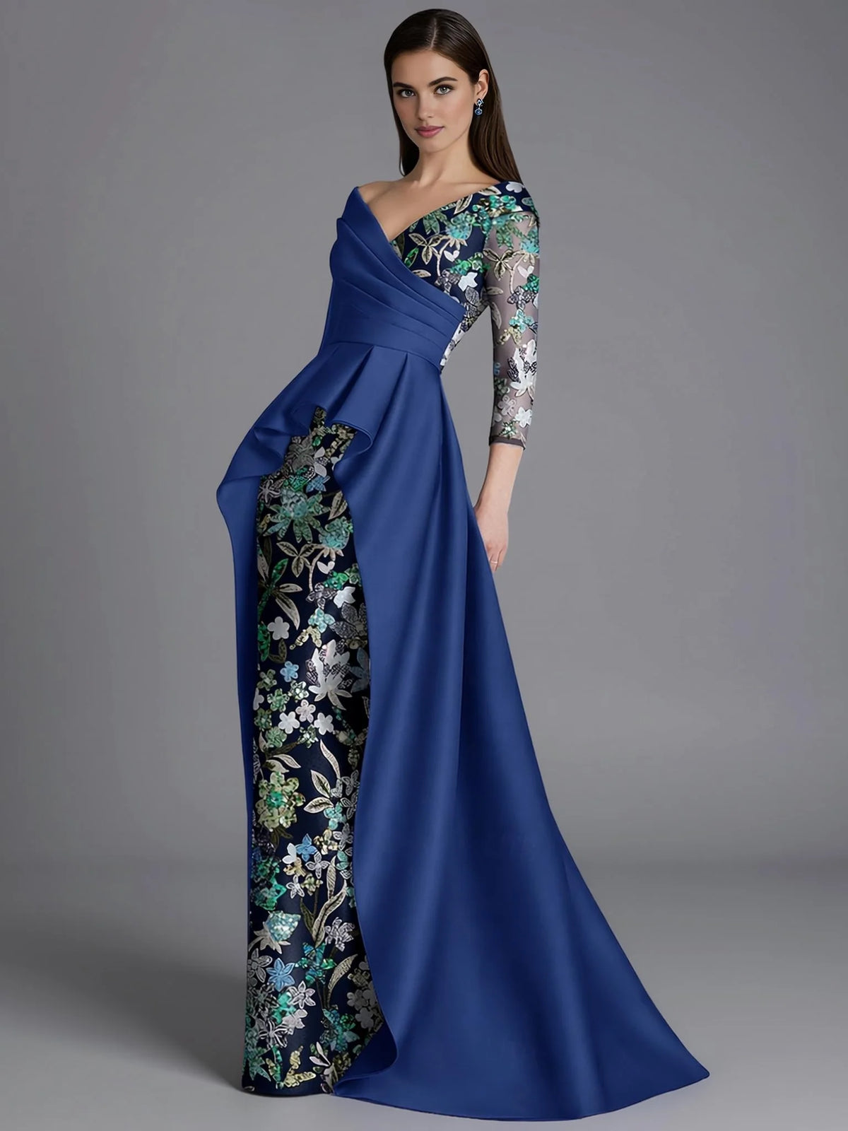 Elegant Dusty Blue Satin Sheath Long Sleeve Floor-Length Mother of the Bride Dress