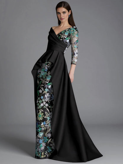 Elegant Dusty Blue Satin Sheath Long Sleeve Floor-Length Mother of the Bride Dress