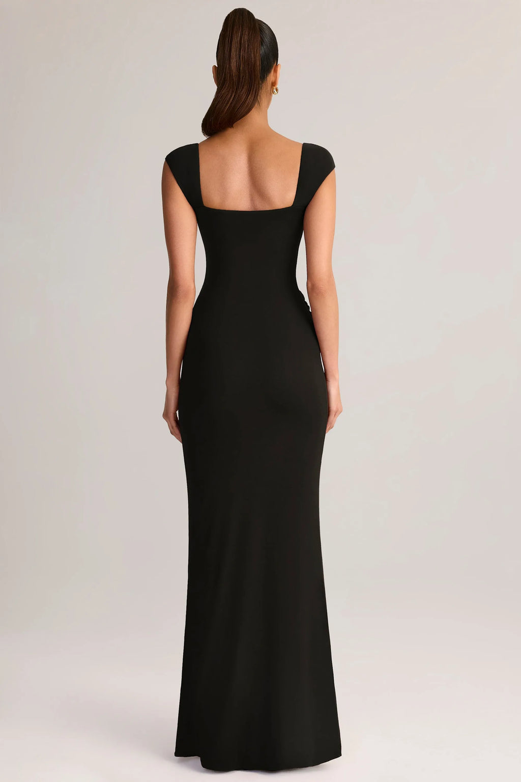 Sheath Square Neck Cap Sleeve Corset Ruched High Slit Floor Length Formal Prom Dresses