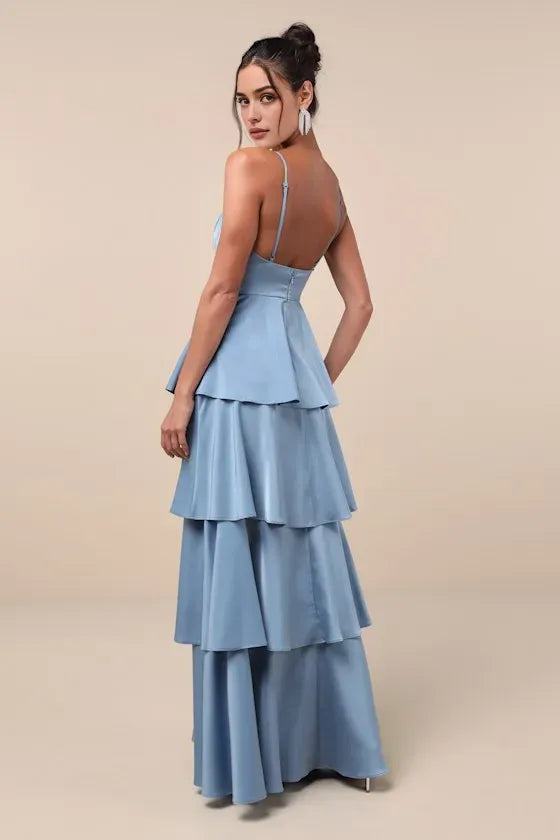 Blue Sky Evening Dress with Spaghetti Straps Deep V -Neck Tiered Design Perfect for Refined Formal Dinners