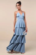 Blue Sky Evening Dress with Spaghetti Straps Deep V -Neck Tiered Design Perfect for Refined Formal Dinners