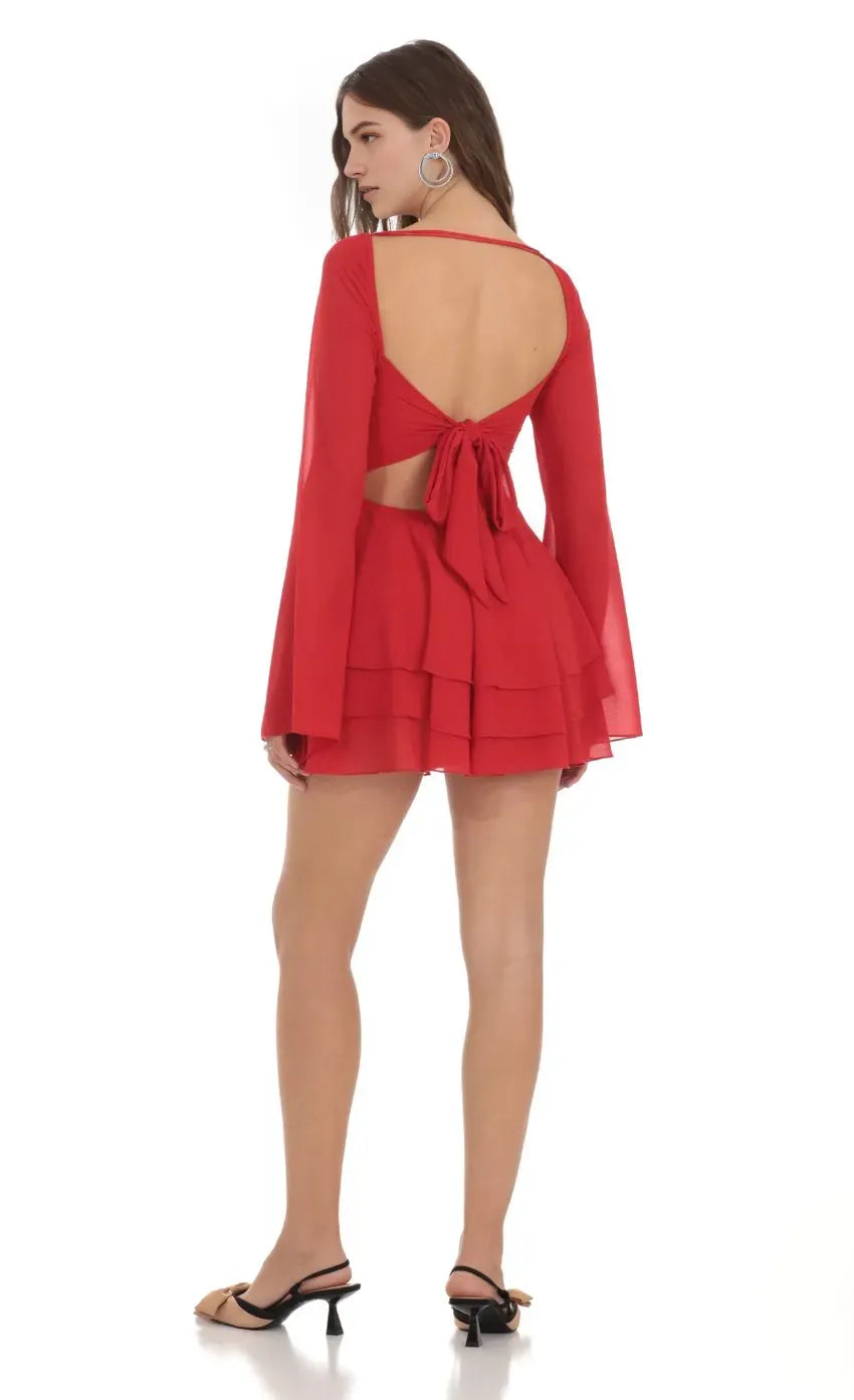 Red Square Neck Homecoming Dress in Bell Sleeves Tiered RufflesFlowy Skirt Bold Elegance for School Galas