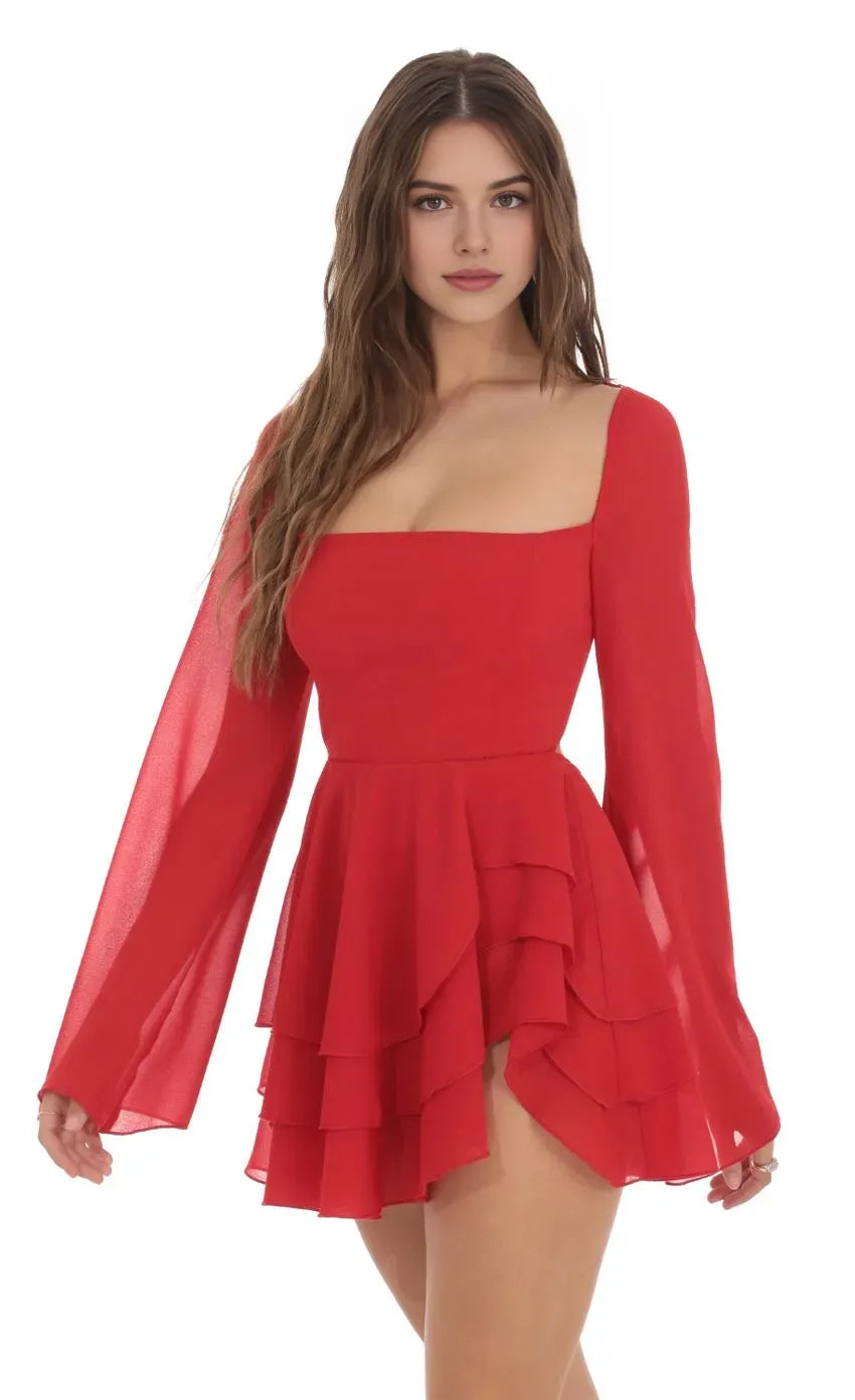Red Square Neck Homecoming Dress in Bell Sleeves Tiered RufflesFlowy Skirt Bold Elegance for School Galas