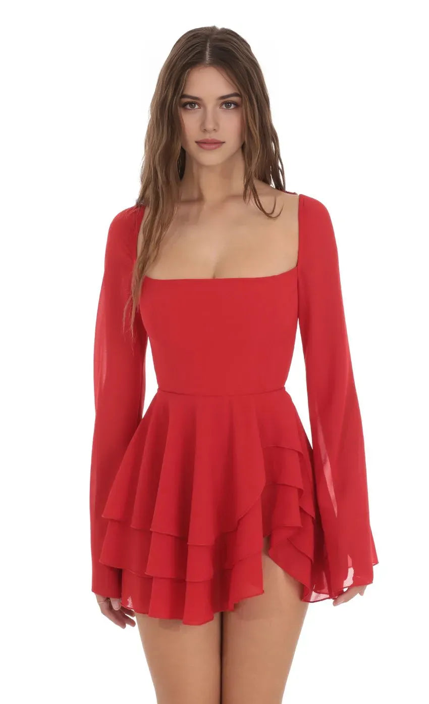 Red Square Neck Homecoming Dress in Bell Sleeves Tiered RufflesFlowy Skirt Bold Elegance for School Galas