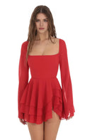 Red Square Neck Homecoming Dress in Bell Sleeves Tiered RufflesFlowy Skirt Bold Elegance for School Galas