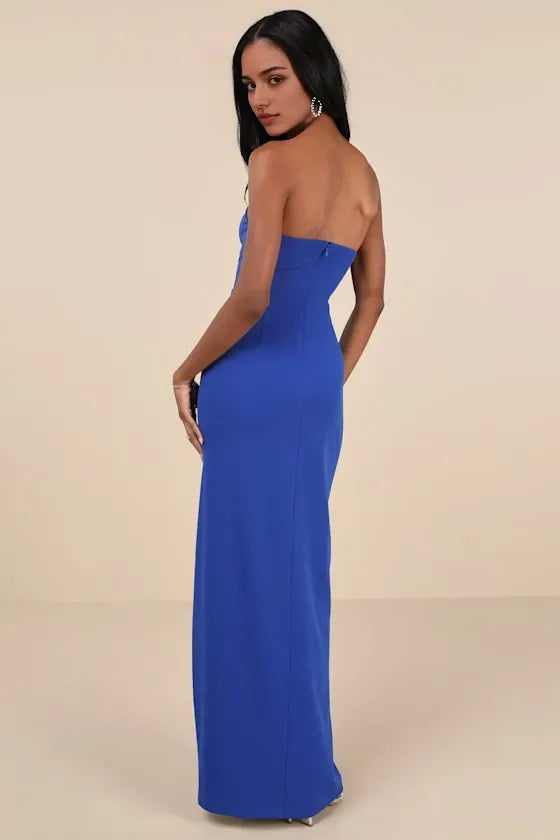 Blue Strapless Prom Dress in Royal with Sweetheart Neckline Bodycon Fit and High Slit Skirt for Formal Events