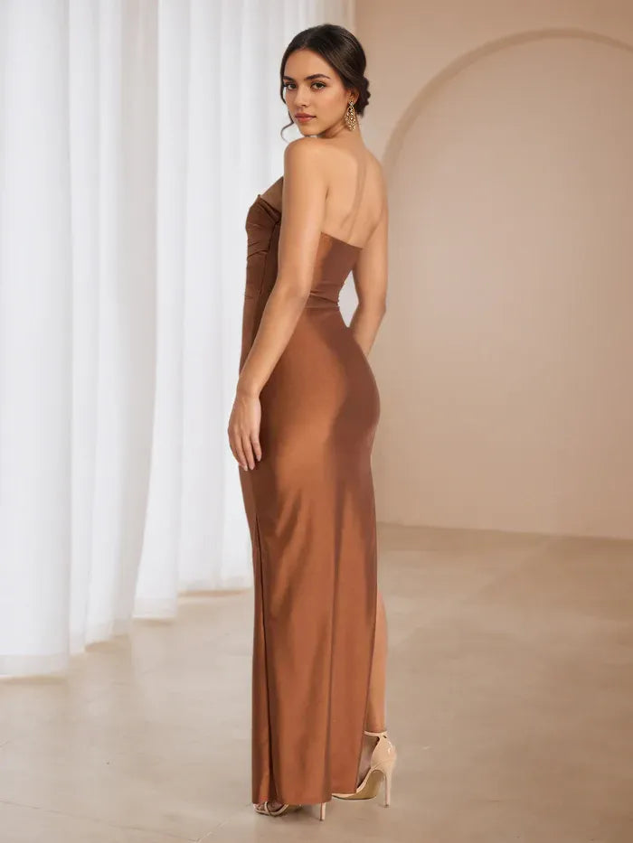Strapless Ruched Bodycon Prom Dress in Bronze High Slit Design for Glamorous Galas