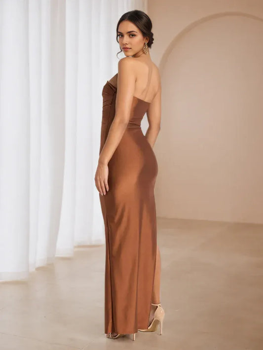 Luxurious Red Slit Bodycon Strapless Classic-Sleeve Classic-Back Floor-Length Prom Dress