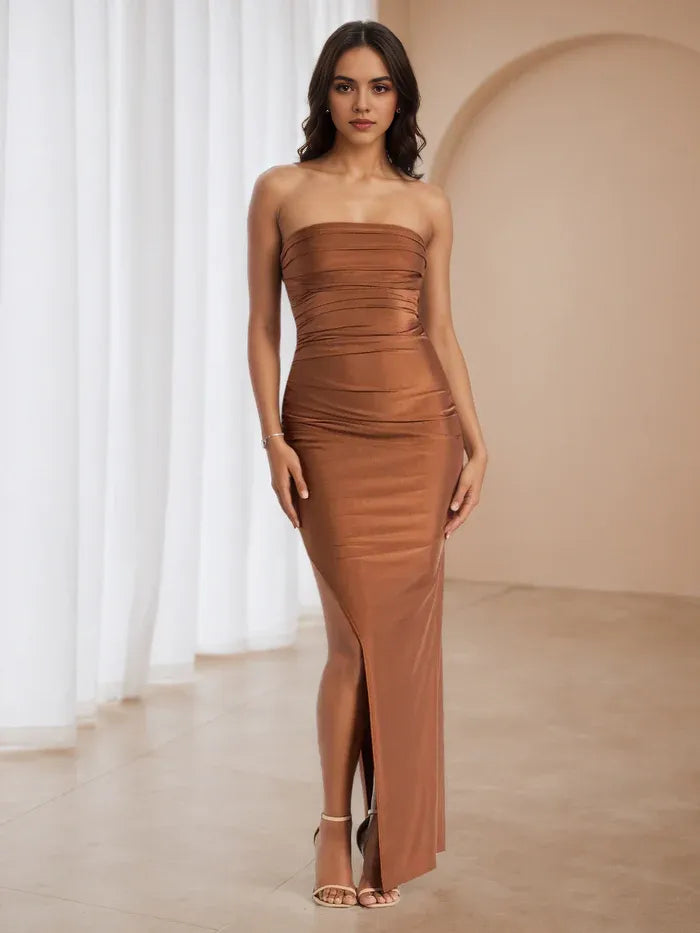 Strapless Ruched Bodycon Prom Dress in Bronze High Slit Design for Glamorous Galas