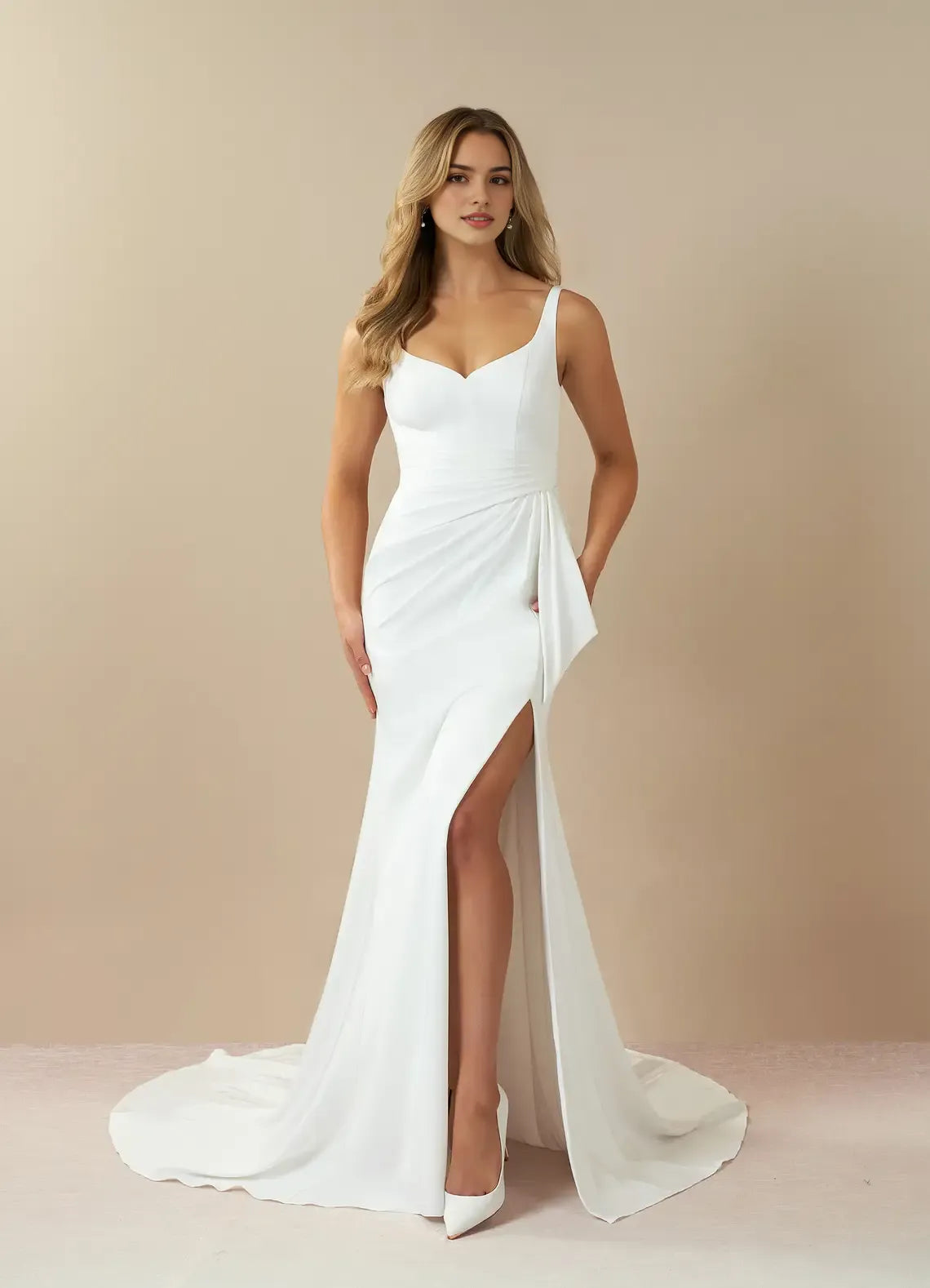 White Mermaid Pleated Back Wedding Dresses Spaghetti Straps Sweetheart Neck High Slit Asymmetric Drape Train for women