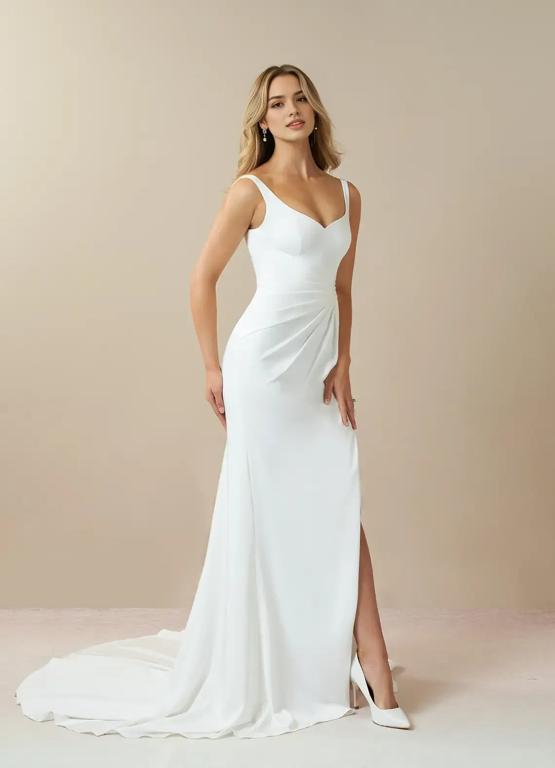 White Mermaid Pleated Back Wedding Dresses Spaghetti Straps Sweetheart Neck High Slit Asymmetric Drape Train for women