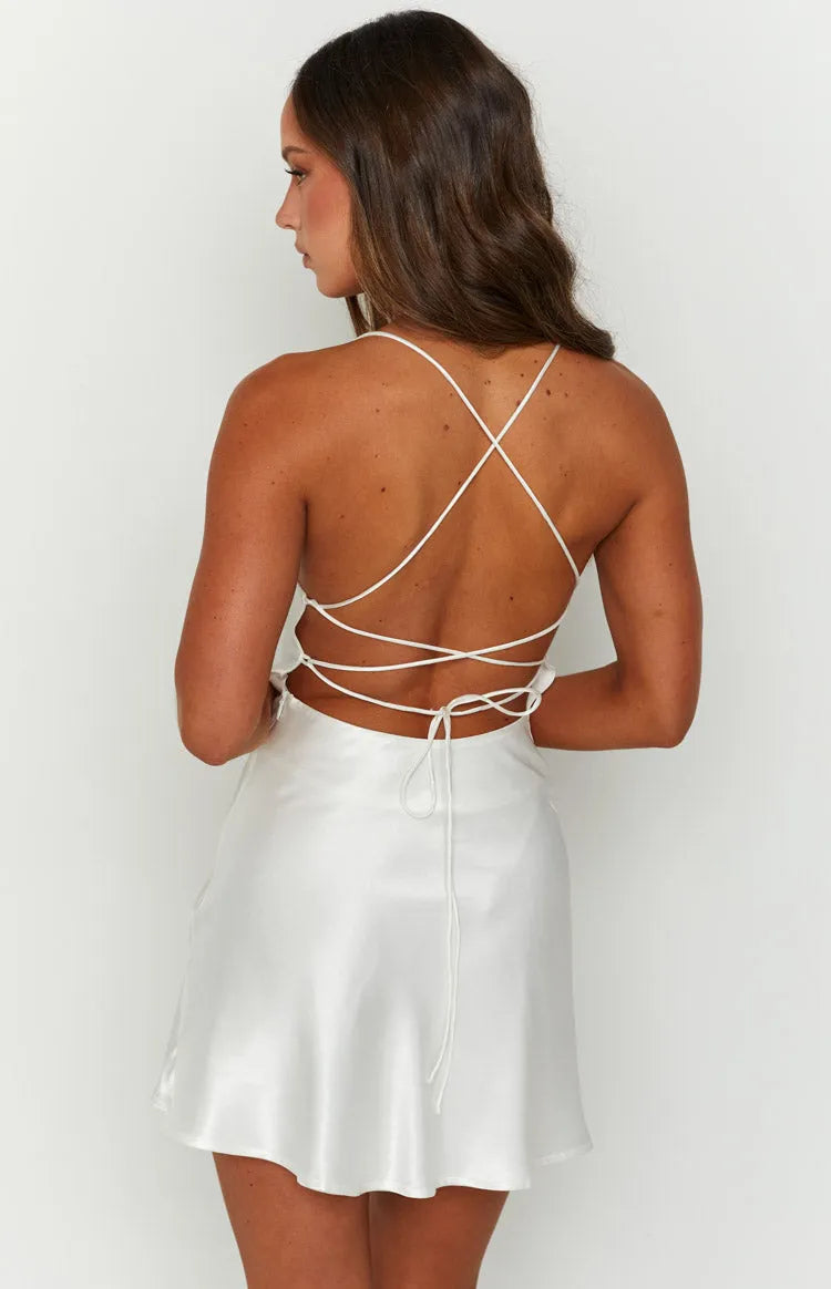 White short Sexy Backless Homecoming Dress Cowl Neckline Spaghetti Straps