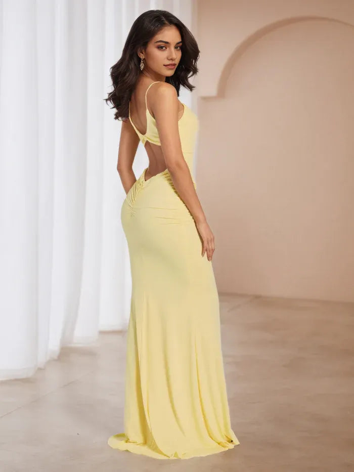 Yellow Prom Dress Spaghetti Straps Smooth Fabric Ruched Fit for Unforgettable Nights