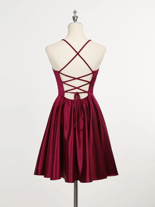 Elegant Red Lace A-Line Classic-Neck Sleeveless Lace-Up-Back Mini-Length Homecoming Dress